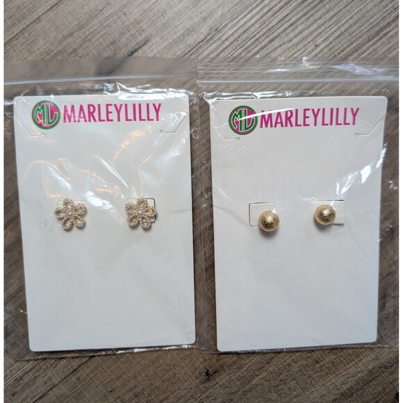 NWT Marley Lilly Earrings Lot Of 2 Pairs Pearl Flowers and Ball Studs Gold Color - Picture 1 of 9
